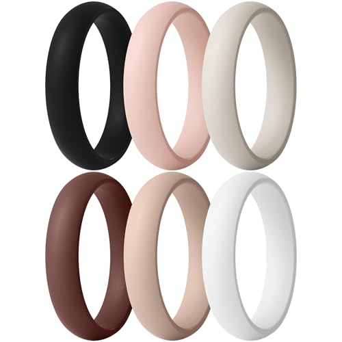 ThunderFit Silicone Bridal Rings Set for Women, 5.5mm Wide, 2mm Thick, Wedding Rubber Bands, Variety Multipack 1-12 - color: Pack E: Charcoal Black, Warm Peach, Cream Beige, Cocoa Brown, Sand Brown, Pure White, size: 3.5 - 4 (14.90mm)