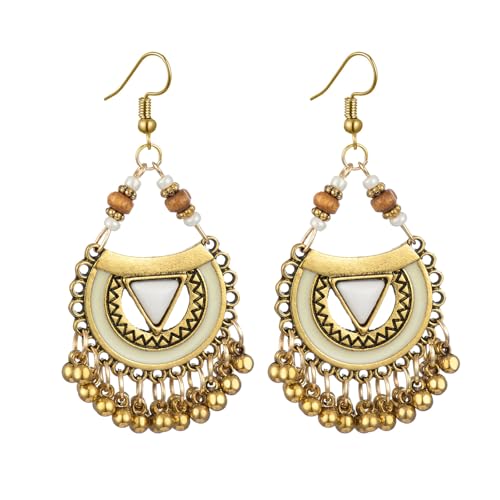 Vintage Boho Statement Drop Dangle Earrings for Women Bohemian Ethnic Handmade Beaded Charms Earring Bohemian Retro Chandelier Tassel Earrings Mexico Gypsy Jewelry Gift - color: G White Triangle