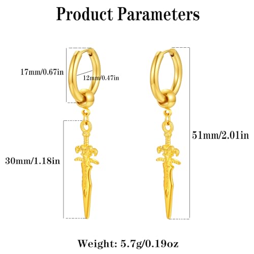 Sword Drop Dangle Small Hoop Earrings for Women Men Stainless Steel Engrave Dagger Halloween Statement Charms Drop Dangling Hoops Cuff Cartilage Wrap Vintage Punk Pray Jewelry - color: Gold-Toned