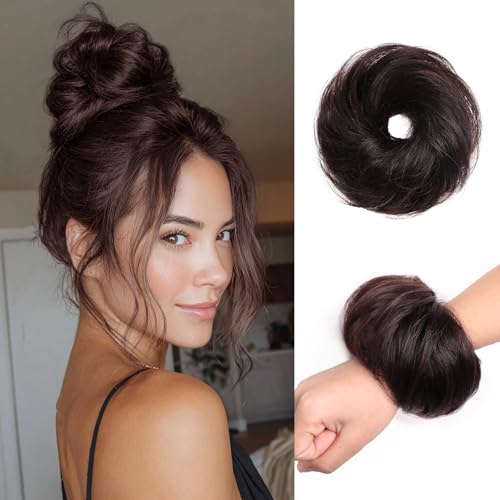 Messy Buns Hair Pieces 100% Human Hair Chignons Scrunchie Elastic Rubber Band Messy Bun Hair Piece Stretchy Fluffy Donut Updo Bun Wig Smooth Hair Bun Extensions for Women Natural Dark Brown - color: Natural Dark Brown