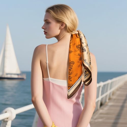 Relang Fashion Silk Satin Head Scarf for Women Hair Bandana Hair Scarf Wrap Neck Scarf for Women 27.5×27.5 inches - color: Apricot and Orange