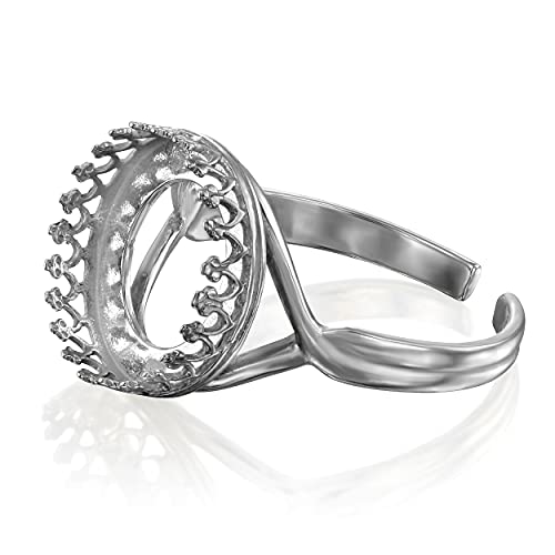 925 Sterling Silver Adjustable Ring Blank with 12-16 mm Round Bezel Setting with Decorative Crown Trim - color: Oxidized-Silver, size: Size 14