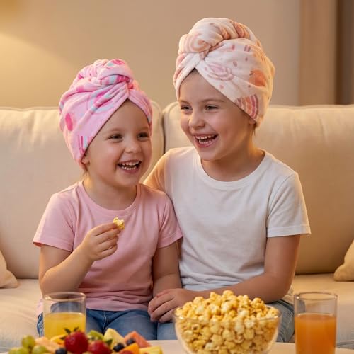 Basumee Microfiber Hair Towel Wrap for Kids 2 Pack Rapid Drying Hair Towel with Button Hair Turbans for Wet Hair Wraps Head Towel Wrap for Women and Girls - color: Brown Pink Rainbow