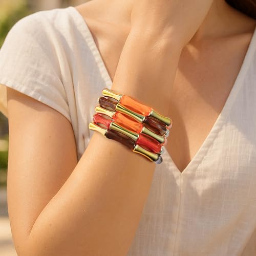Gold Tube Bangle Bracelets for Women Stackable Bamboo Chunky Acrylic Beads Stretch Friendship Summer Beach Bracelet Jewelry - color: Colorful 03
