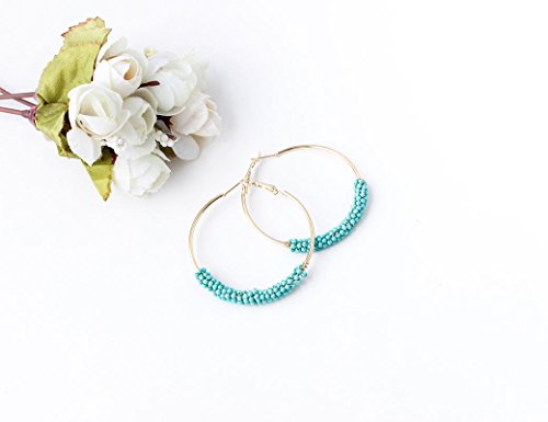2 Pairs Bohemian Colorful Beads Circle Round Hoop Earrings Gold Hoop Dangle Earrings for Women Vintage Boho Jewelry - color: blue