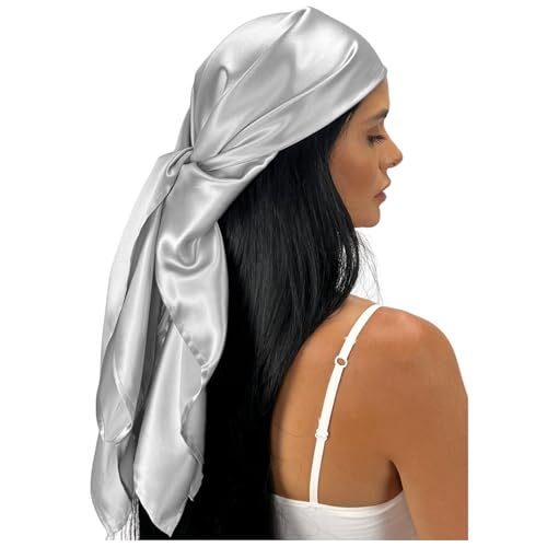 100% Mulberry Silk Head Scarf Large 36" - 19 Momme Women's Hair Wrap for Sleeping, Reduce Frizz & Damage, Natural Soft Silk - color: Silver