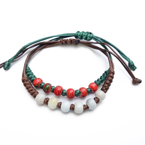 Handmade Green Boho Bracelets for Women, Bohemian Ceramic Beads Bracelets for Friends, Trendy Porcelain Stone Beaded Bracelets for Sisters - color: white and red