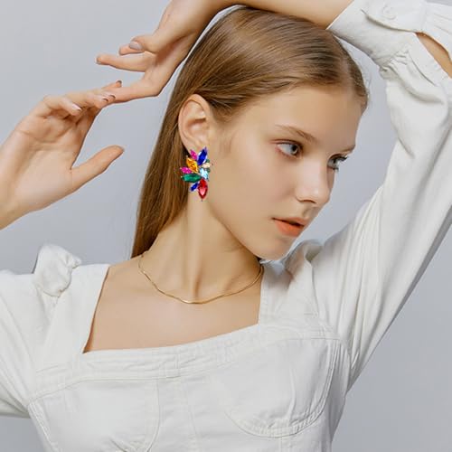 Bohemian Statement Sparkly Colourful Fancy Rhinestone Crystal Flower Dangle Drop Stud Earrings Vintage Wedding Bridal Prom Earrings for Women - color: Colorful