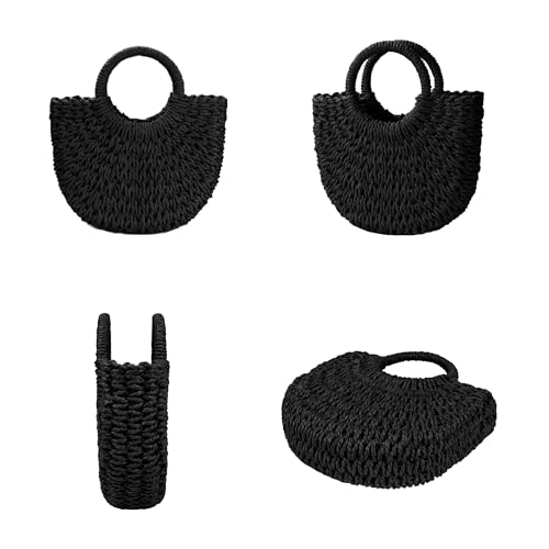 Womens Straw Beach Bag Woven Crossbody Shoulder Bags Top Handle Satchel Handbag Purse for Summer - color: Black