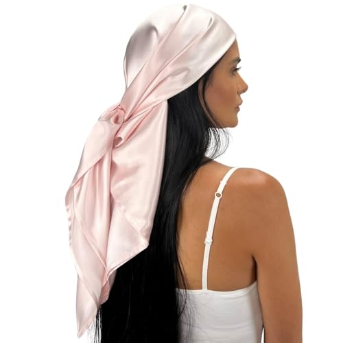 100% Mulberry Silk Head Scarf Large 36" - 19 Momme Women's Hair Wrap for Sleeping, Reduce Frizz & Damage, Natural Soft Silk - color: Pink