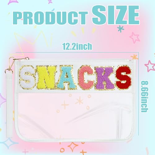 BuyCard Clear White Snack Bag for Travel, Varsity Chenille Letter Patch Flat Cosmetics Pouch with Zipper, Preppy Snacks Makeup Bags, Waterproof PVC&PU Cosmetic Toiletry Bag for Women Girls - color: White-Snacks