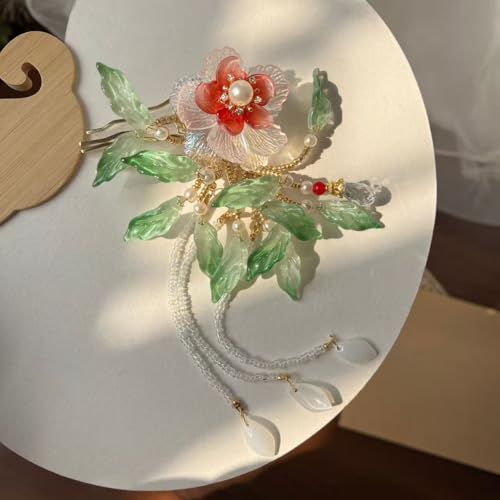 White Camellia Hairpin with Red Center & Ocean Wave Green Leaves - Elegant Tassel Hair Stick for Women, Chinese Hanfu Vintage Floral Hair Accessory for Special Occasions (Green Leaf Camellia) - color: Green Leaf Camellia