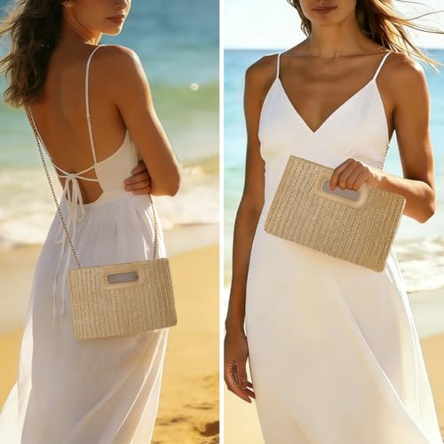 Beach Clutch Bag Straw Summer Clutch Purses for Women Handmade Woven Purse Detachable Gold Chain, Crossbody - color: Khaki