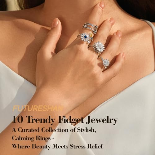 10Pcs Fidget Anxiety Rings for Women Adjustable Spinner Ring Gifts for People With Anxiety Moon Sun Butterfly Galaxy Daisy Flower CZ Stress Relief Calm Rings Jewelry 14K Gold/Silver/Rose Gold Plated - color: Silver Plated