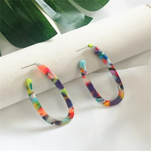 Boho Acrylic Hoop Earrings Bohemian Statement Colorful Acetate Lucite Tortoise Shell Resin Geometric Big Lightweight C Open Hoops Earrings for Women Prom Party Holiday Fashion Jewerly Gifts - color: U-shaped colorful