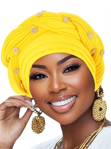 Woeoe Women African Turban Pre-Tied Twisted Beanie Cap Headwear Rhinestone Soft Stretchy Head Turbans - color: Yellow