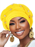 Woeoe Women African Turban Pre-Tied Twisted Beanie Cap Headwear Rhinestone Soft Stretchy Head Turbans - color: Yellow