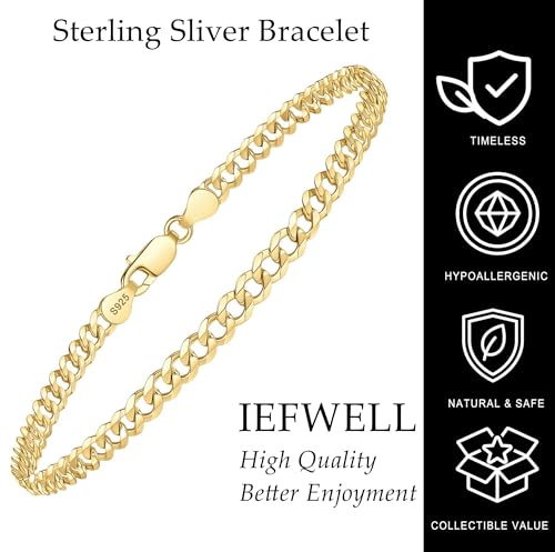 IEFWELL S925 Sterling Silver 14K Real Gold Plated Bracelet Hypoallergenic 4mm Diamond Cut Cuban Link 6.5 7 7.5 8 8.5 9 Inches for Men Women Jewelry Gifts - color: 14K-Gold-Plated, size: 8.5 Inch-Women's X-Large & Men's Large