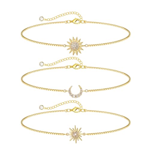 Dainty Bracelets for Women, 14k Gold Plated/Silver Layered Charms Bracelet Herringbone Satellite Beads Box Rope CZ Bracelet Adjustable Cuba Link Chain Bracelet Set Jewelry Gifts - color: 3Layer-2Sun+Moon-GD