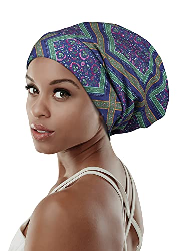 Adjustable Satin Lined Sleep Cap for Dreadlocks Curly Hair Large Head-Stay On Overnight - color: Purple Green