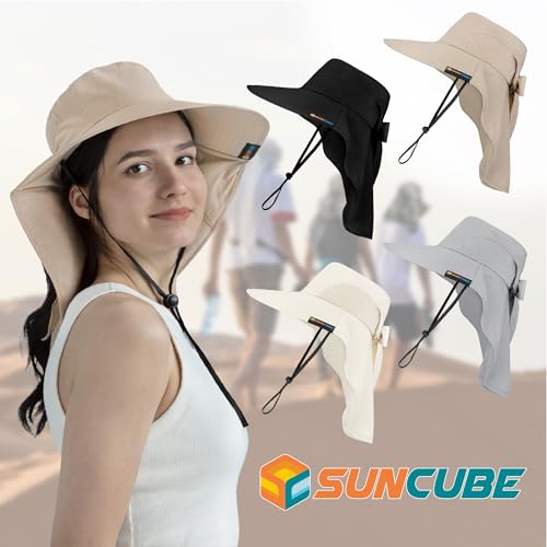 SUN CUBE Wide Brim Sun Hat with Neck Flap, UPF50+ Hiking Safari Fishing Hat for Men Women, Sun Protection Beach Hat - color: Light Grey With Bow
