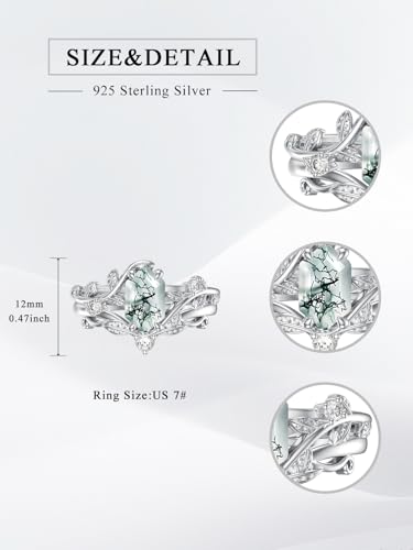 Natural Moss Agate Ring for Women 925 Sterling Silver Pear/Oval/Kite/Heart/Hexagon/Emerald/Coffin Cut Green Leaf Moss Agate Engagement Ring Promise Bridal Set Anniversary Birthday Jewelry Gifts - color: Long Hexagon Cut Moss Agate