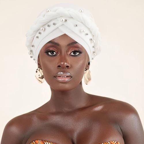 African Women Turban Caps Pre-Tied Twisted Turbans Head Scarf for Women Hair Wraps Cover Beanie Cancer Chemo Headwear - color: 1 Pack Twisted Braid A: Pearls White