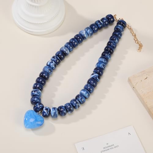 Chunky Colorful Beaded Statement Boho Summer Beach Chokers Necklace Heart Pendant Pink Green Yellow Brown Fashion Jewelry - color: Navy Blue 2