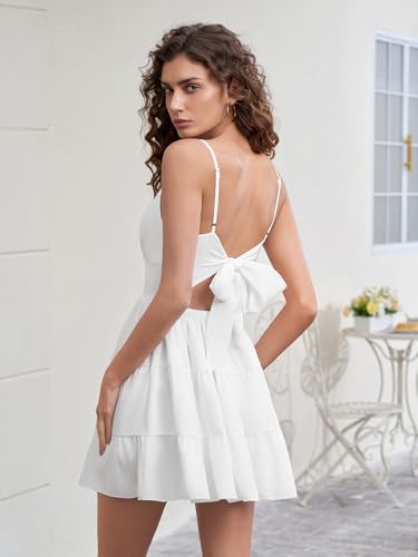 Summer Floral Mini Sundress Back Bow Tie V Neck Flowy Cute Graduation Beach Casual Short Dress for Women 2026 - color: White, size: X-Small
