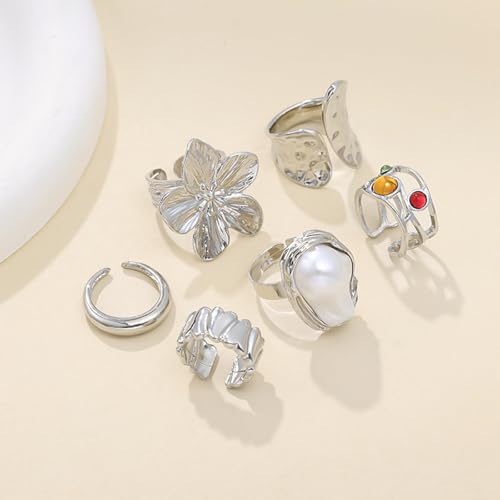 Chunky Gold Rings for Women Non Tarnish Statement Flower Ring Baroque Pearl Stackable Rings Set 6Pcs Chunky Jewelry - color: Silver