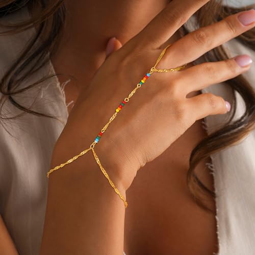 Hand Chain Bracelets for Women - 14K Real Gold Plated Dainty Stackable Paperclip Link Bracelets Hand Chain Bracelet Ring Gold Bracelets for Women Trendy - color: Colorful Singapore Hand Chain