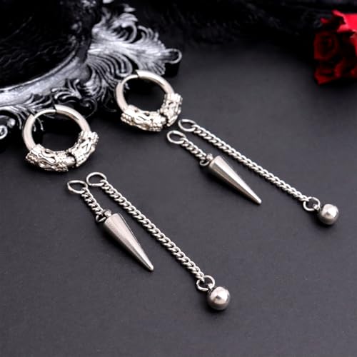 Sonateomber Gothic Silver Black Small Hoop Earrings for Women Men, Punk Hip Hop Engrave Beaded Goth Dangle Drop Earings Halloween Costumes Accessories Prom Fashion Jewelry Gift - color: Silver Spike