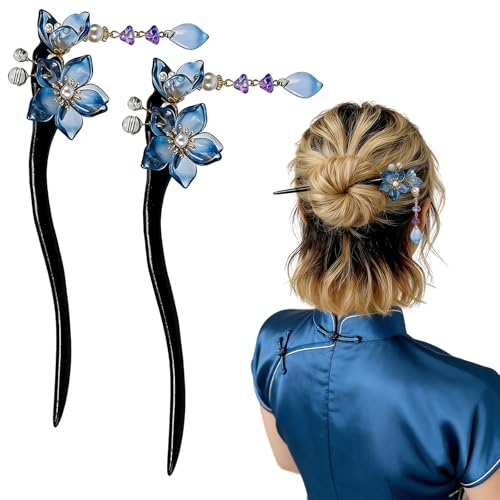 2 PCS Plum Blossom Tassel Hair Stick Blue Flower Hairpin Fashion Double Floral Hair Chopsticks Wooden Elegant Vintage Hair Pins Hair Bun Updo Holders Chinese Hanfu Hair Accessories for Women Girls