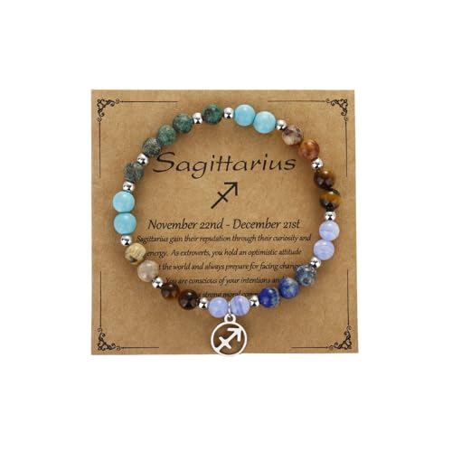 Zodiac Natural Stone Bracelet – Handmade Crystal Healing Bracelet with Zodiac Charm – Adjustable Beaded Jewelry Gift for Women Men Girls - color: Sagittarius