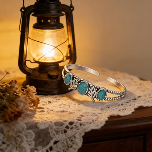 Genuine Turquoise Bracelet Cuff Bracelet for Women Mom 925 Sterling Silver Natural Turquoise Bangles Vintage Bracelet Boho Jewelry for Birthday Christmas Mother's Day Valentine's Day - style: Feather