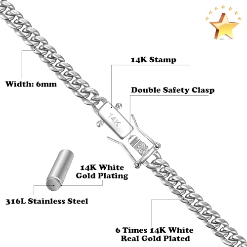 CG&KYGG 6mm Miami Cuban Link Chain 14K White Gold Plated 316L Stainless Steel Necklace or Bracelet for Mens Womens(Double Safety Clasp, Birthday Gift) - style: 14K White Gold Bracelet - 6mm