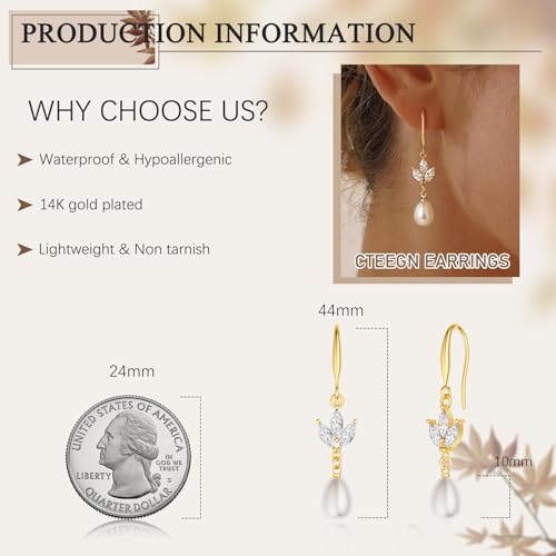 Gold Plated Freshwater Pearl Dainty Earrings for Women Dangle Formal 14K Plated Drop Heart Earrings Prom Wedding Long Hypoallergenic Trendy Jewelry Gifts