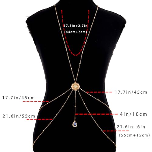 Gold Body Chain for Women Layered Rhinestone Waist Chains Summer Beaded Bra Body Jewelry Gifts - color: Blue