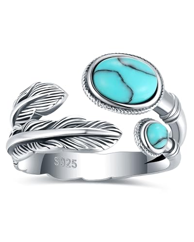 Turquoise Jewelry for Women - Sterling Silver Turquoise Rings Vintage Adjustable Sunflower Dragonfly Butterfly Spoon Ring Victorian Style Boho Antique Flower Thumb Statement Rings Jewelry Gifts for Women - color: Turquoise & Feather C