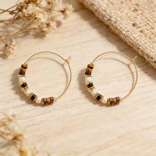 Natural Stone Beaded Hoop Earrings for Women, Boho Handmade Lightweight Hypoallergenic Trendy Summer Beach Accessories Fashion Jewelry Gift - color: TigerEye