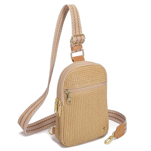 Haytijoe Faux Straw Crossbody Bags for Women RFID Summer Raffia Sling Bag Beach Vacation Travel Purse - color: Dessert Khaki