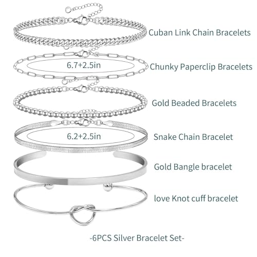 6Pcs 14K Gold Plated Bracelets for Women Layered Bangle Cuff Stack Set Adjustable Stacking Jewelry Set Gifts - color: 6PC-silver