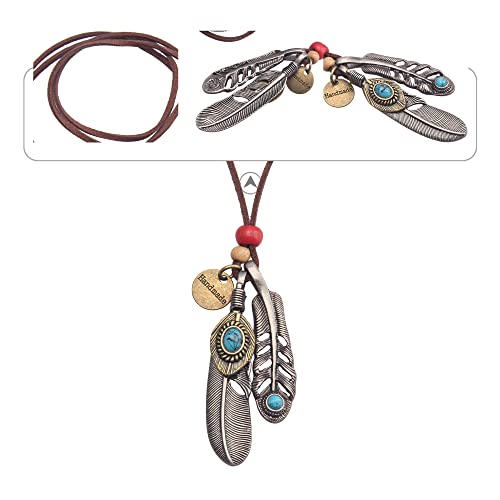 Leather Necklace for Women Long Boho Necklace Bohemian Choker Vintage Necklace Braided Boho Jewelry with Adjustable Brown Leather Cord - color: Feather Leather Necklace