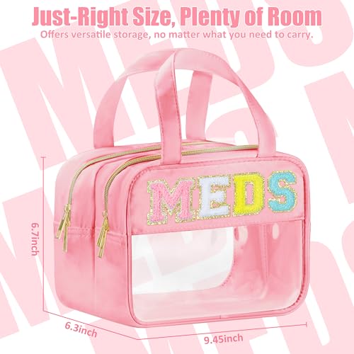 BuyCard Chenille Letter Clear Medicine Makeup Bag for Travel, Preppy Patch Nylon Cosmetic Meds Pouch with Handles and Zipper, Waterproof Large Travel Toiletry Bag Storage Case for Women Pink - color: Pink-MEDS
