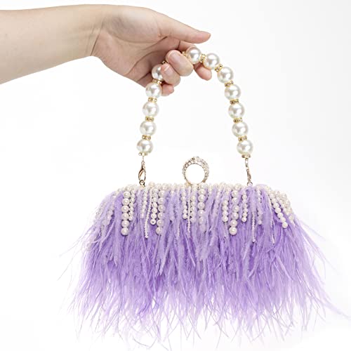 Women Real Natural Ostrich Feather Evening Bags Purses Clutch Vintage Banquet Handbag - color: Purple With Pearl
