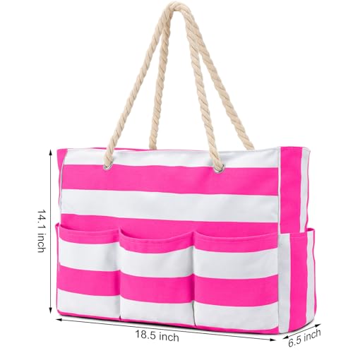 Becokan Beach Bags for Women Canvas Large Beach Tote Bag Zipper Waterproof Sandproof Foldable Swim Pool Bag with 7 Pockets - color: Hot Pink