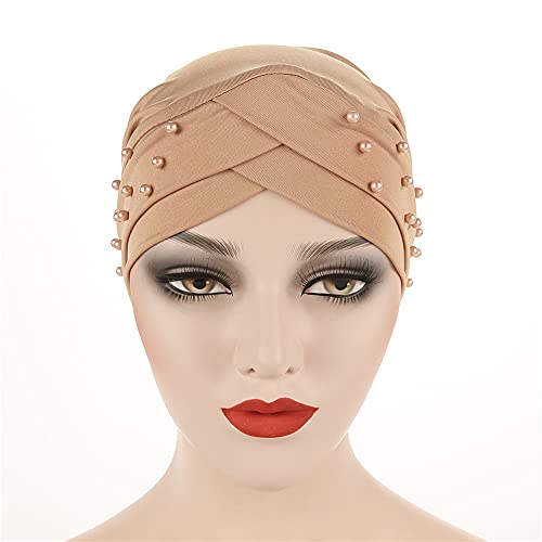 Women Beaded Silky Beanie, Pre-Tied Turban Head Wrap Cap for Chemo Chemical Cancer Hair Loss Cover Hat - color: Khaki