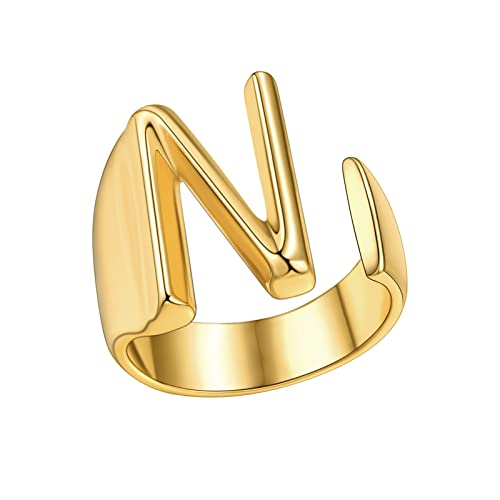 FindChic Customizable Initial Ring Statement 18K Gold Plated Fashion Cuff Rings for Women Alphabet Letter A to Z Resizable Knuckle Ring (with Gift Box) - color: N