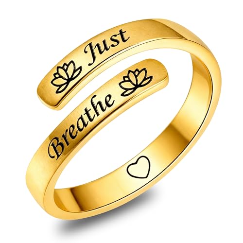 Sonateomber Gold Silver Faith Open Rings for Women ，Adjustable Minimalist Personality Encouragement Hope Love Healing Promise Ring Wedding Festival Accessories Fashion Jewelry Gift - color: Gold-Just Breathe