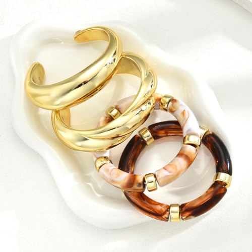 Gold Bracelet Stack For Women, 3Pcs Jade Vintage Chunky Stackable Stretch Boho Western Adjustable Bracelet Stacks Statement Dainty Tarnish Free Waterproof Jewelry Gift - color: Gold-4Pcs